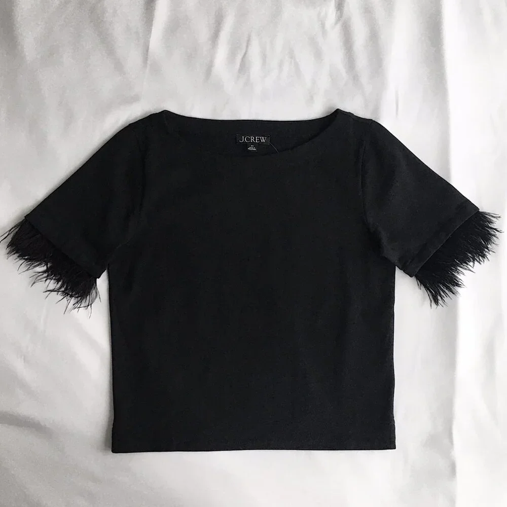 J.Crew Mariner jersey cropped boatneck T-shirt with feathers - Picture 2 of 9